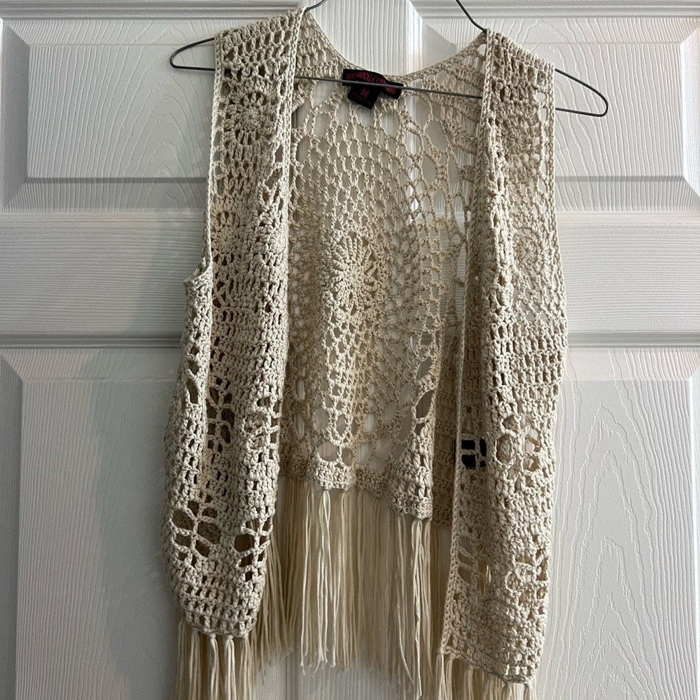 Boho Cream Crochet Vest with Fringe